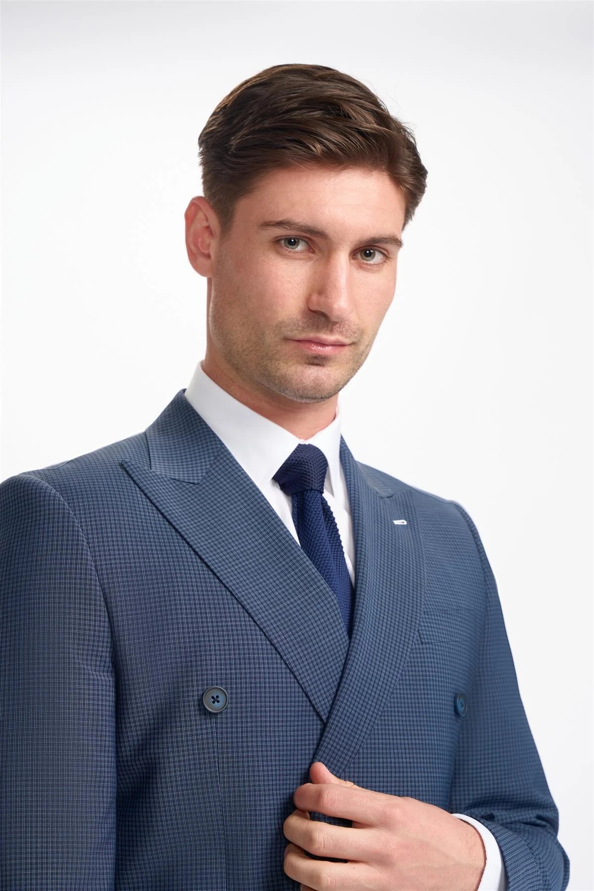 Bond Wool Rich Navy Check Double Breasted Blazer - Image 5