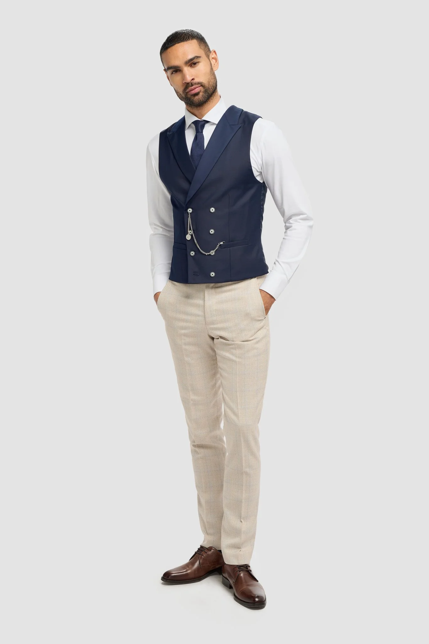 Caridi Beige With Lennox Navy Double Breasted Waistcoat - Image 6